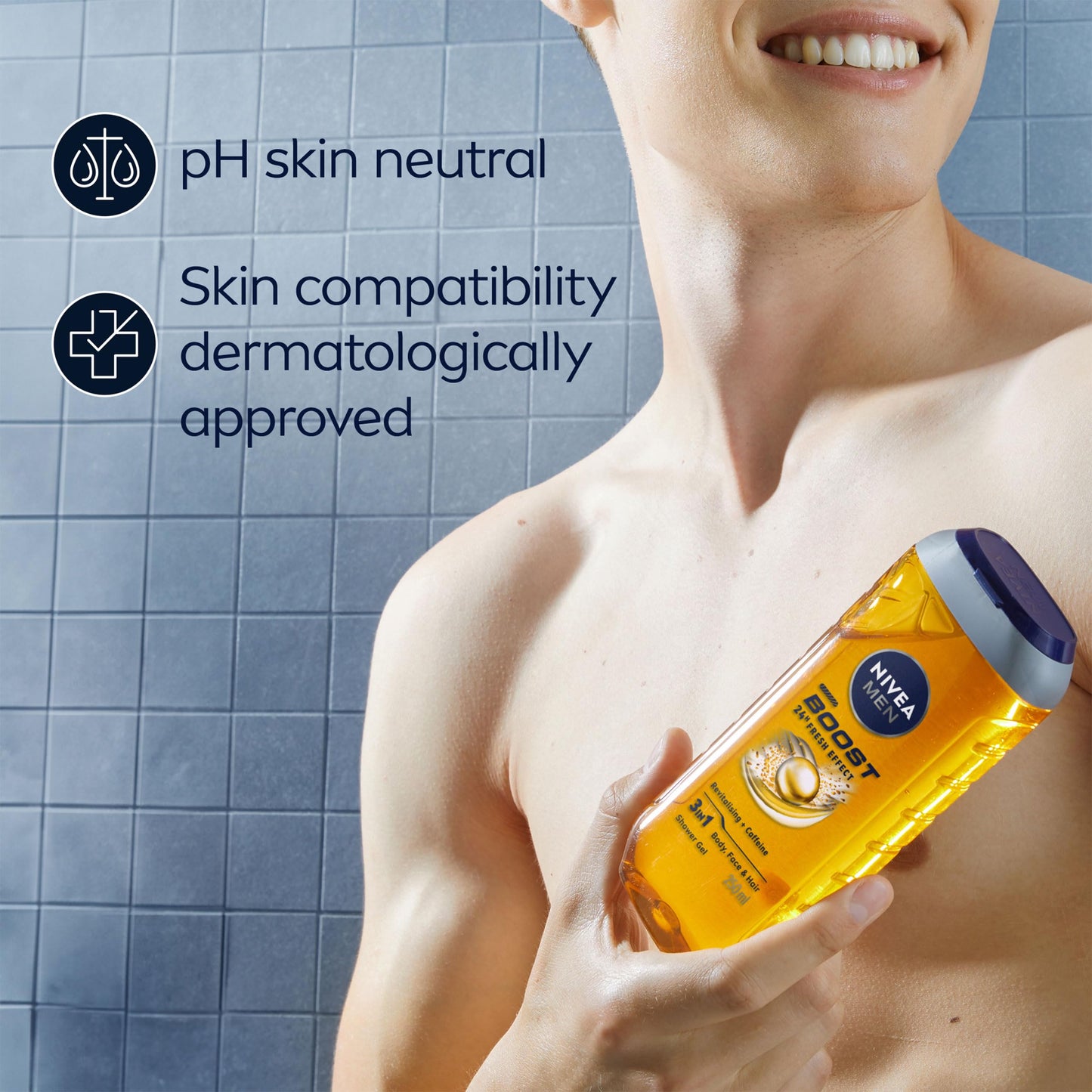 NIVEA MEN BOOST Shower Gel (250 ml), Moisturising 3-in-1 Body Wash for Men with Naturally Sourced Caffeine, Revitalising NIVEA MEN Shower Gel
