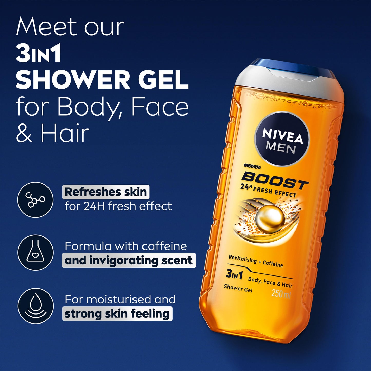 NIVEA MEN BOOST Shower Gel (250 ml), Moisturising 3-in-1 Body Wash for Men with Naturally Sourced Caffeine, Revitalising NIVEA MEN Shower Gel