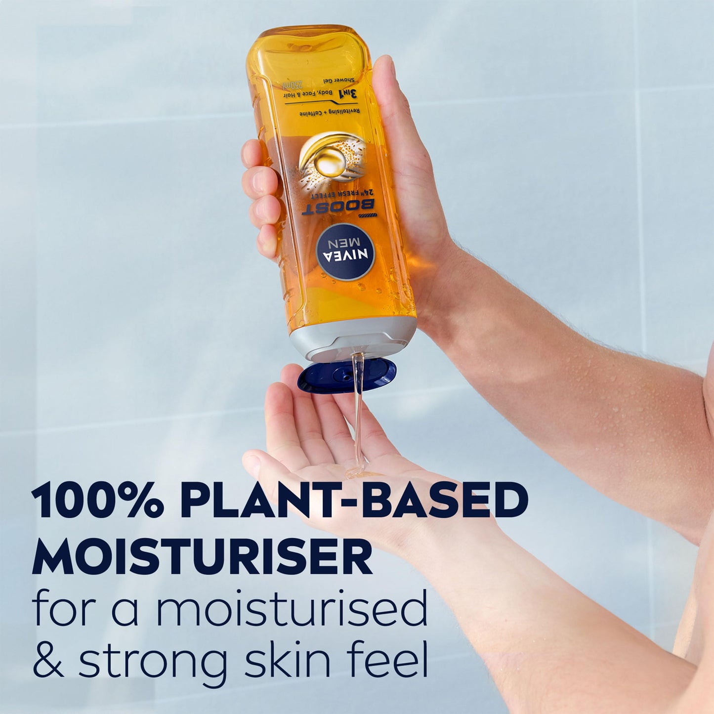 NIVEA MEN BOOST Shower Gel (250 ml), Moisturising 3-in-1 Body Wash for Men with Naturally Sourced Caffeine, Revitalising NIVEA MEN Shower Gel