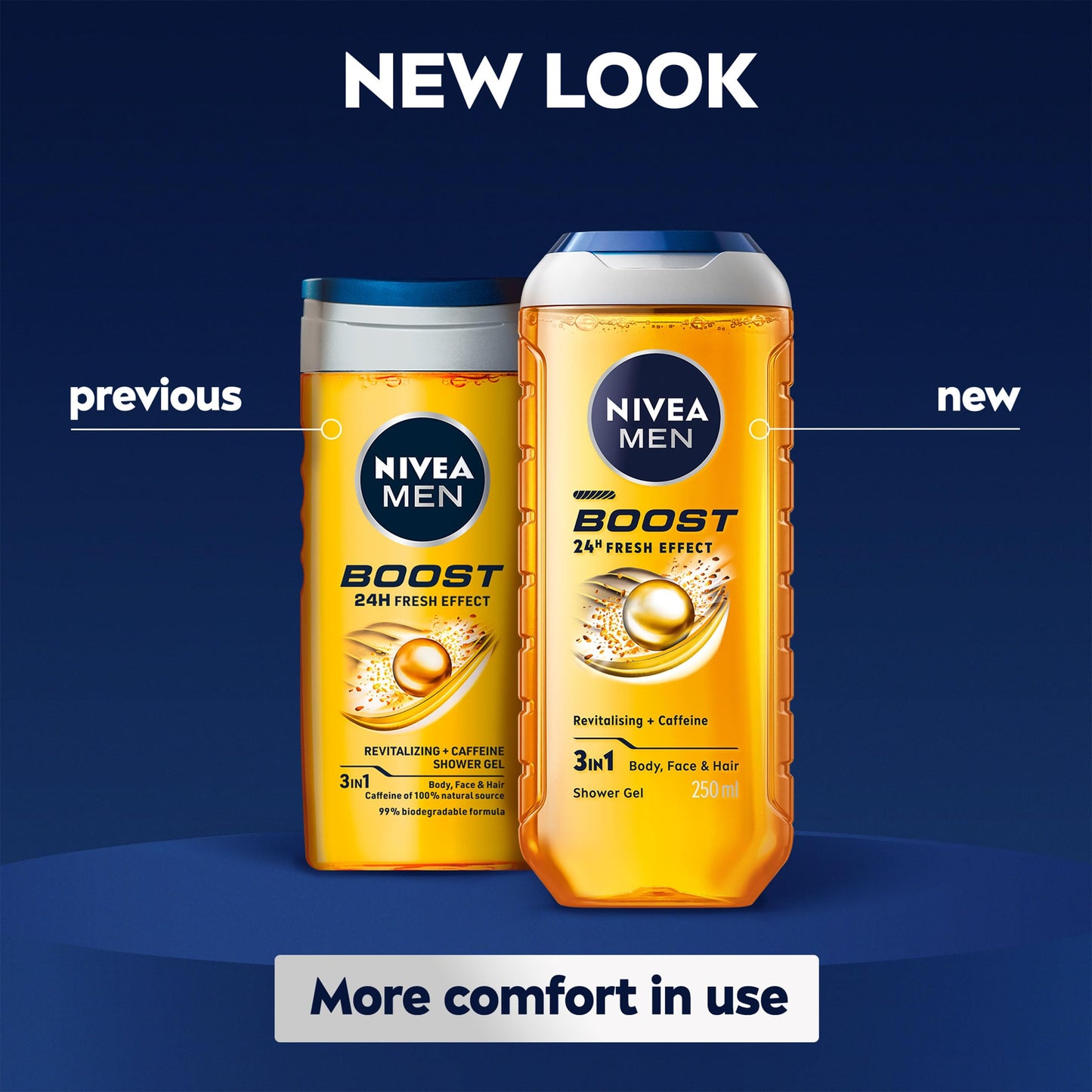 NIVEA MEN BOOST Shower Gel (250 ml), Moisturising 3-in-1 Body Wash for Men with Naturally Sourced Caffeine, Revitalising NIVEA MEN Shower Gel