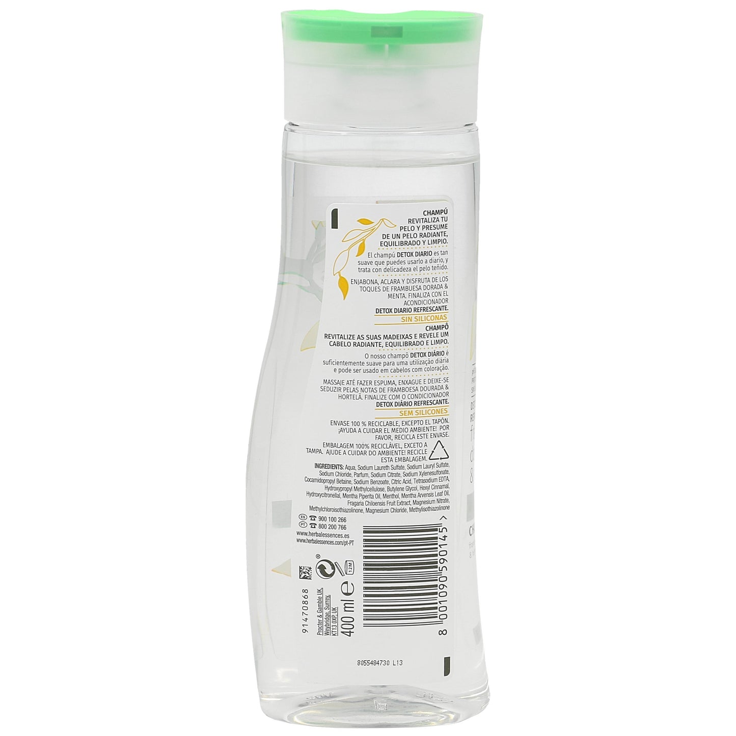 Herbal Essences Detox Daily Refreshing Shampoo for All Hair Types with Golden Raspberry and Mint, Inspired by Nature, 400 ml